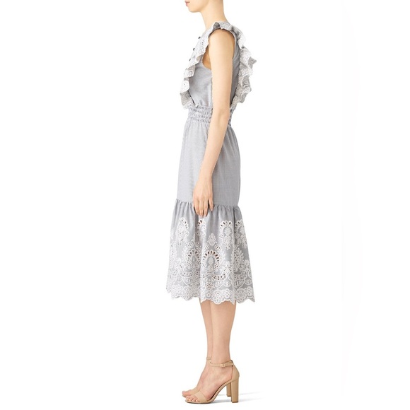 Saylor Striped Gray White Floral Embroidered Midi Dress Wedding Romantic Cottage - Picture 4 of 13
